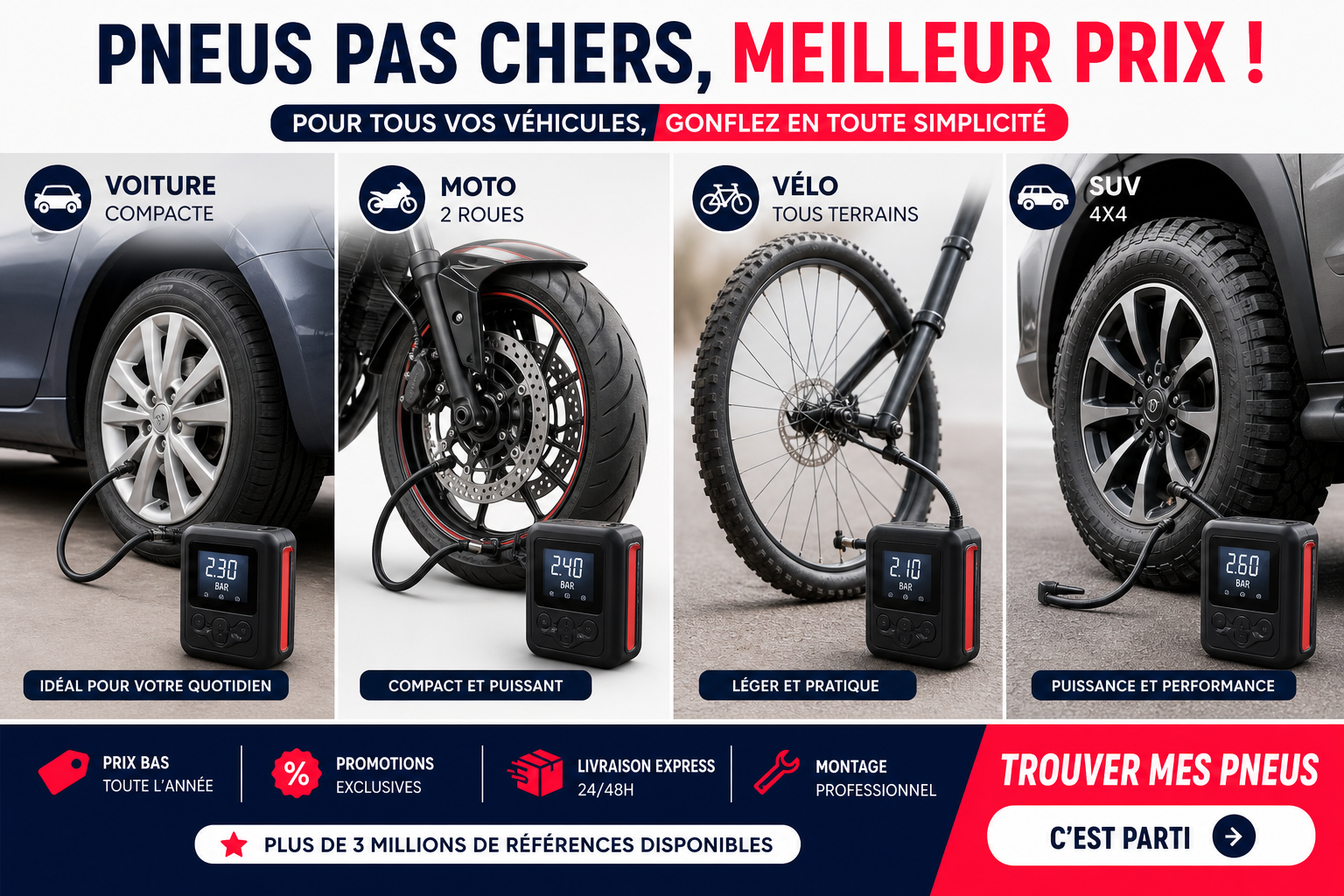 Temps de regonflage : quels écarts entre voiture, moto, vélo et SUV