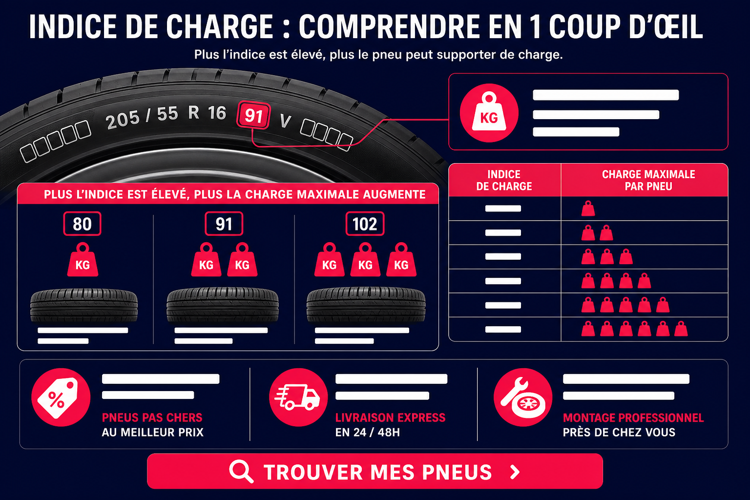 Tableau des indices de charge : correspondance entre indice et poids supporté
