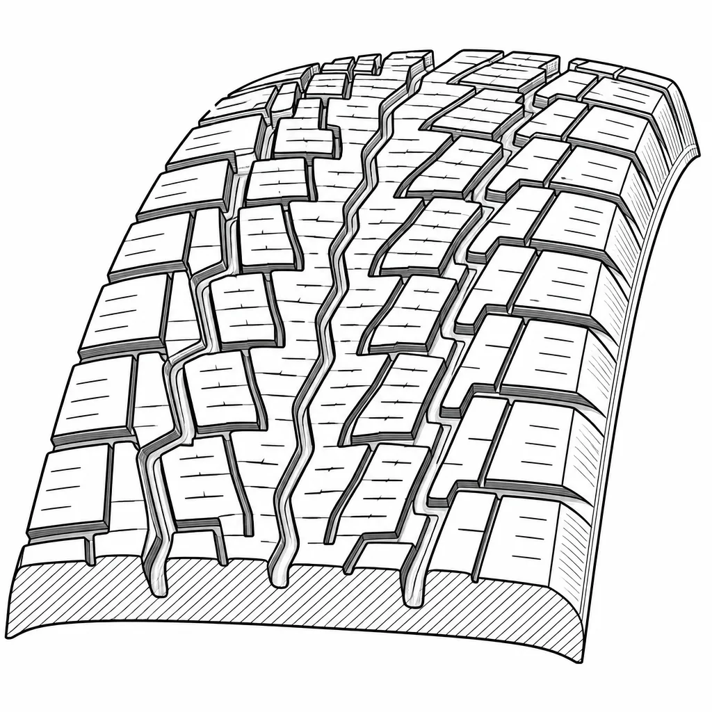 Schéma illustratif : Réseau de quatre rainures sinueuses croisé par de nombreuses découpes inclinées