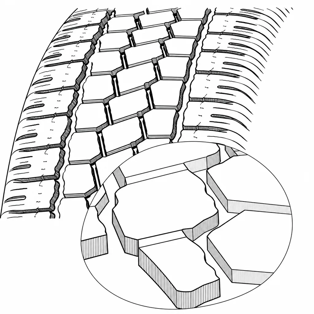 Schéma illustratif : Rainures longitudinales sinueuses entourant des pavés polygonaux