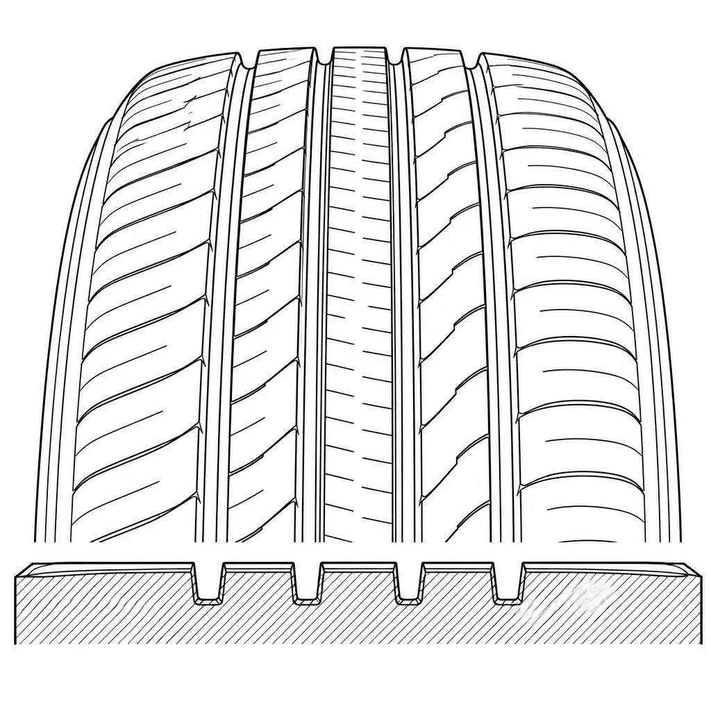 Schéma illustratif : Quatre rainures longitudinales principales étroites séparant cinq bandes de gomme