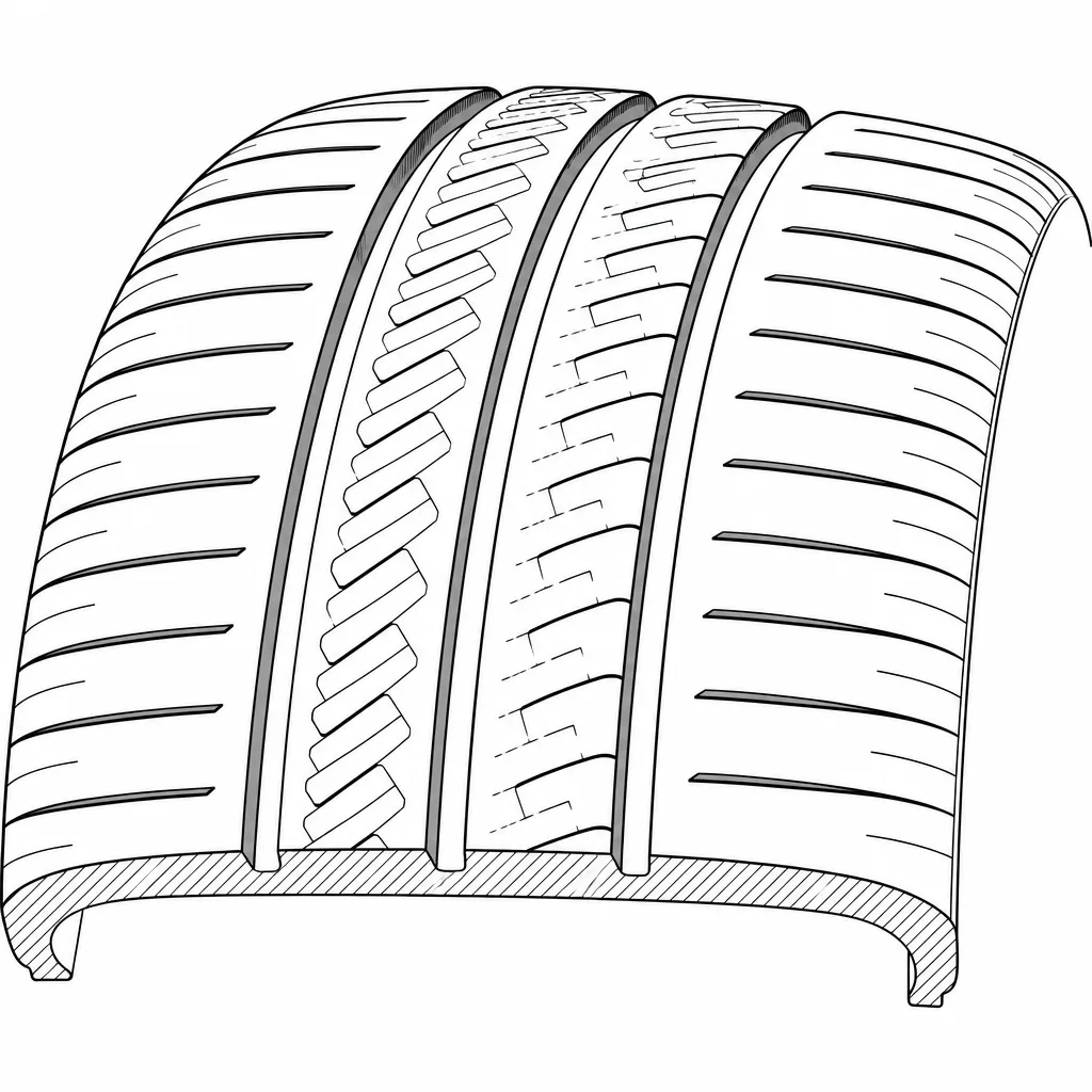 Schéma illustratif : Quatre larges évidements longitudinaux séparant nettement les bandes de gomme
