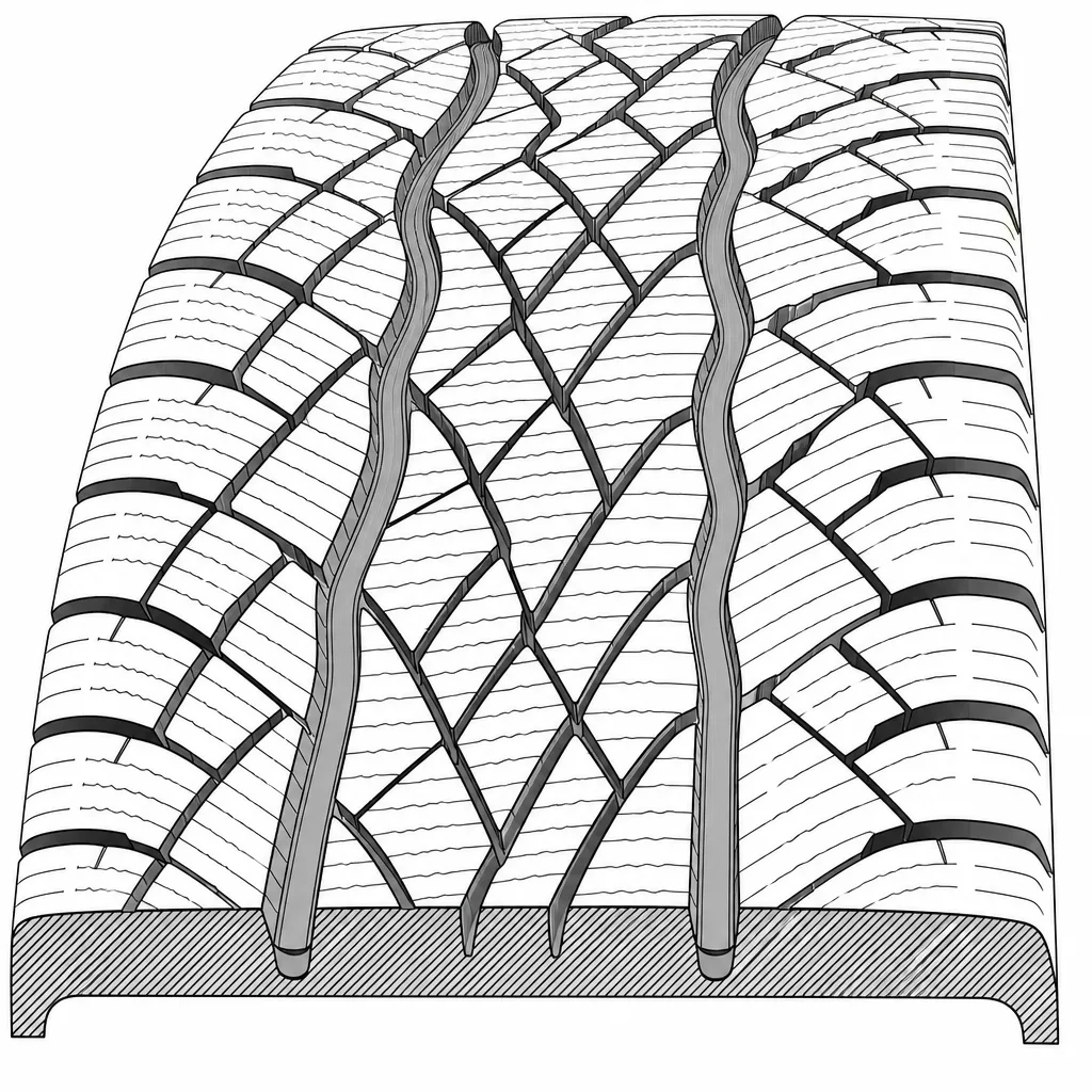 Schéma illustratif : Quatre rainures longitudinales sinueuses reliées à de nombreux vides obliques