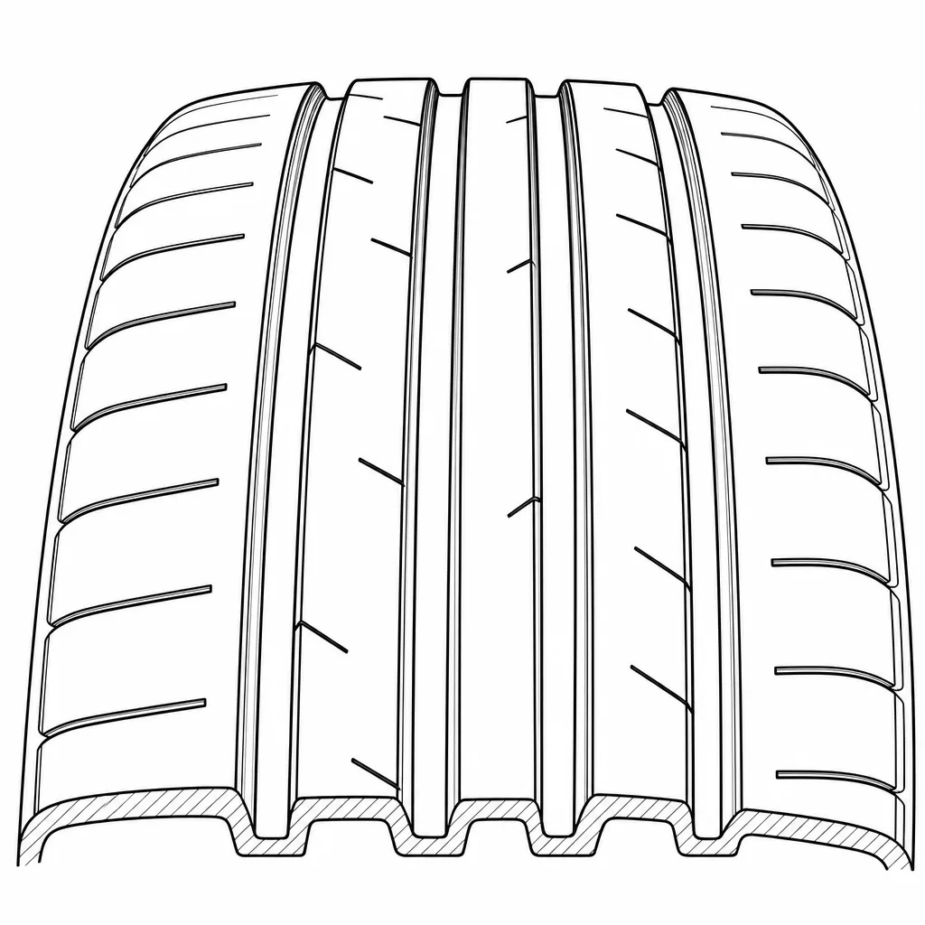 Schéma illustratif : Quatre rainures longitudinales séparant cinq chemins de gomme