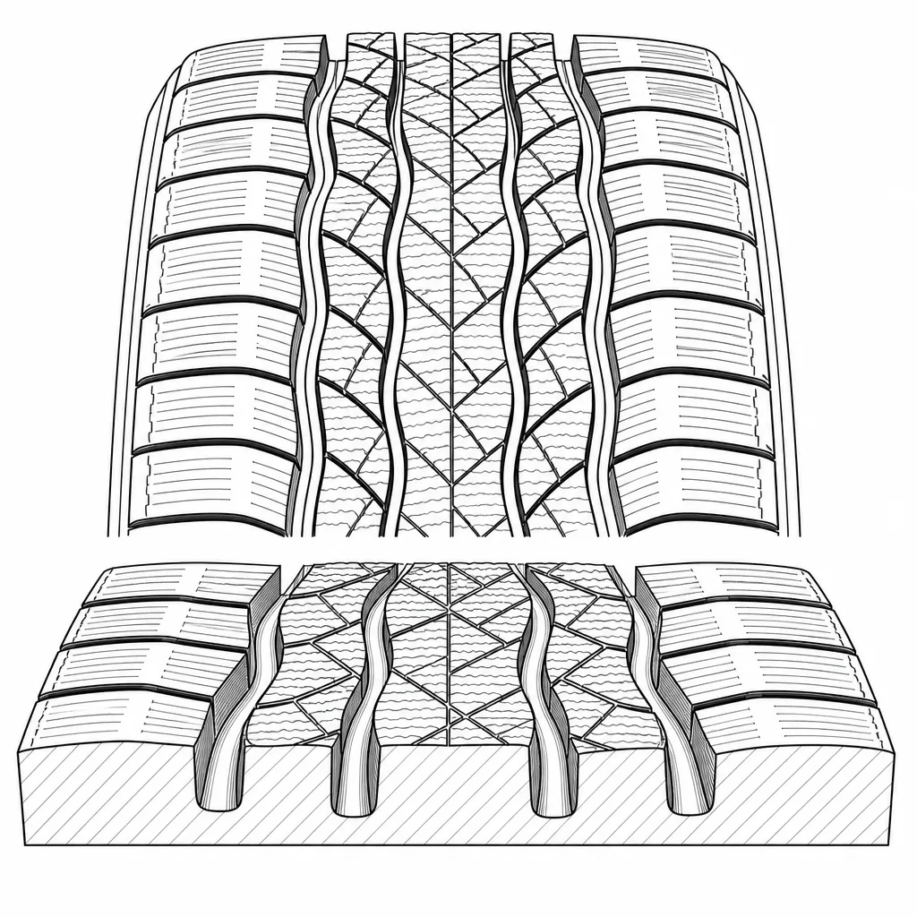 Schéma illustratif : Quatre rainures longitudinales sinueuses reliées aux branches obliques