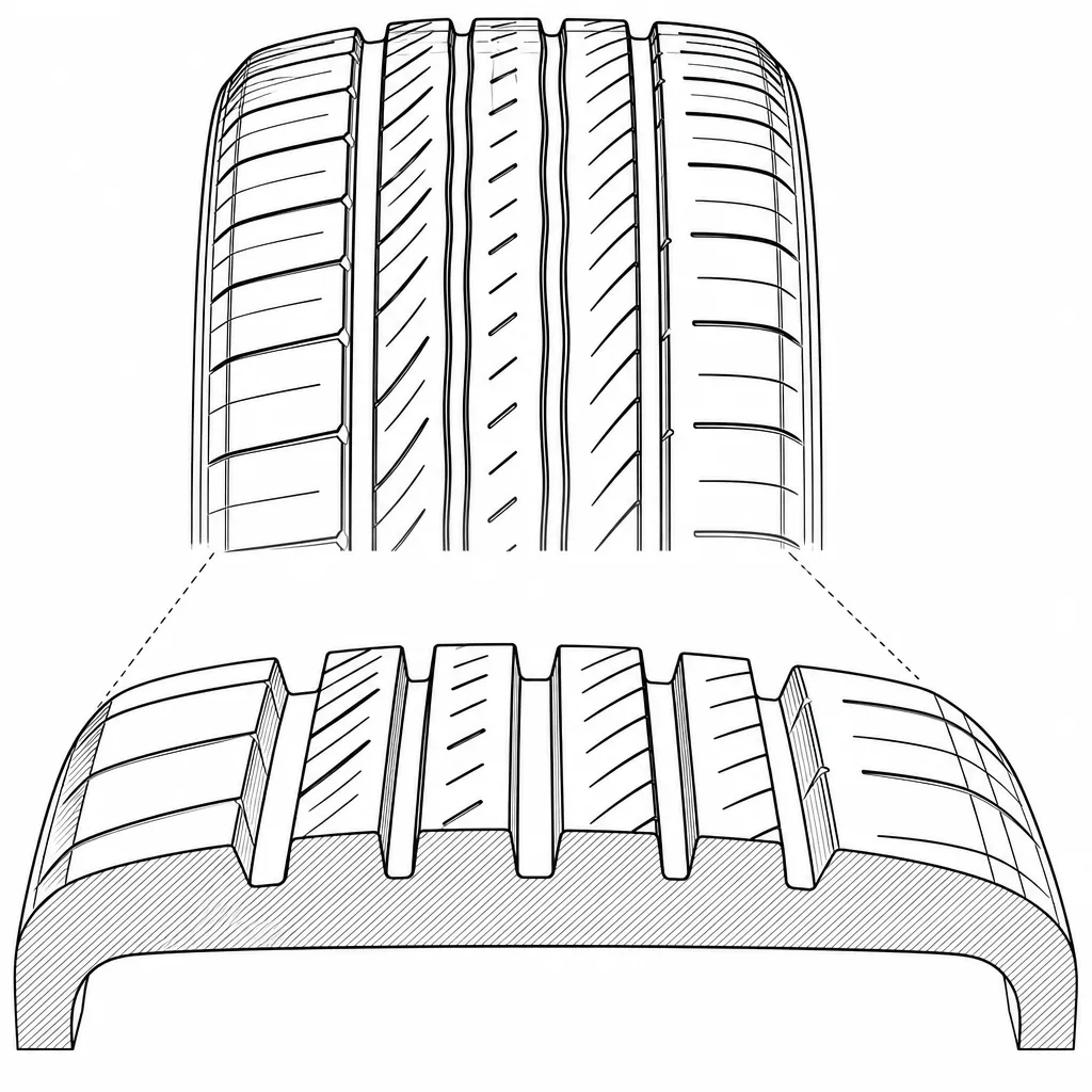 Schéma illustratif : Gradient de volume de gomme entre éléments centraux étroits et pavés d’épaule larges