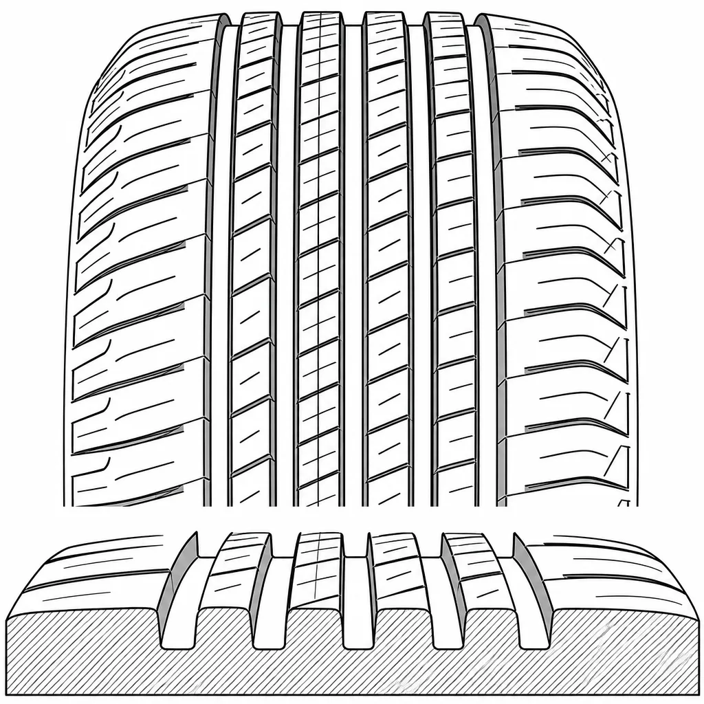 Schéma illustratif : Quatre rainures longitudinales séparant des bandes de gomme étroites