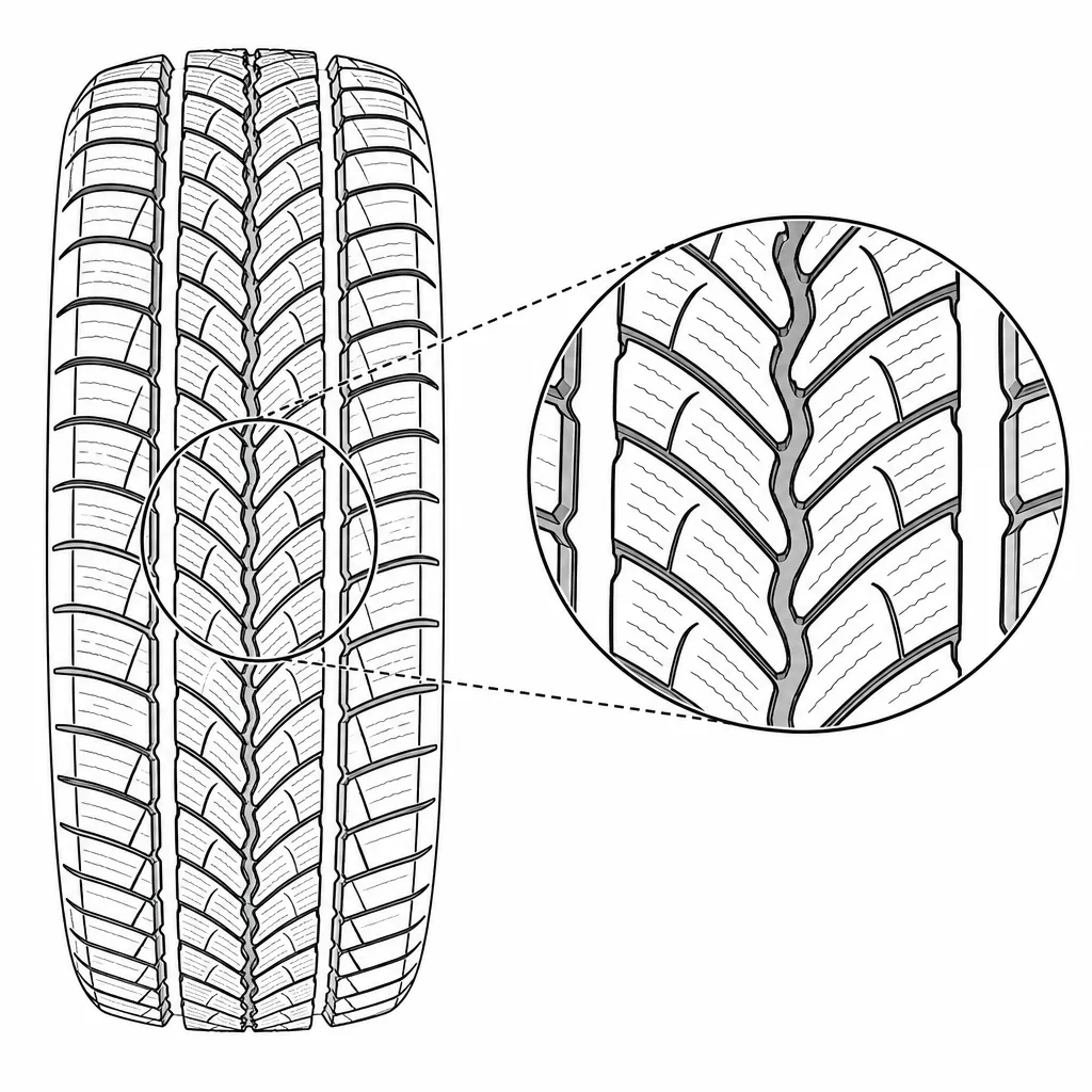 Schéma illustratif : Chevrons centraux imbriqués autour d’une rainure médiane étroite et sinueuse