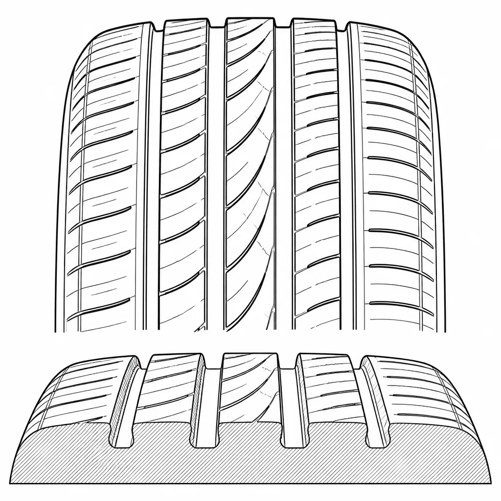Schéma illustratif : Quatre rainures longitudinales séparant cinq rangées de gomme