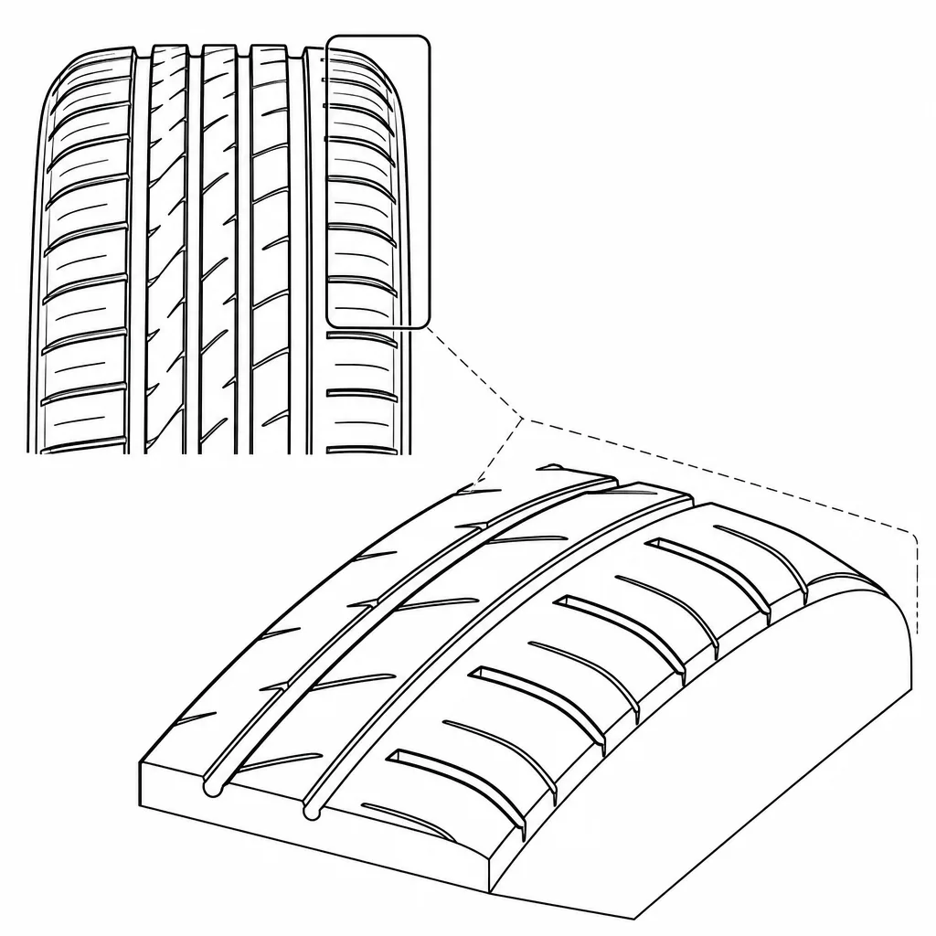 Schéma illustratif : Épaules semi-continues à pavés larges, entailles obliques et bord extérieur arrondi