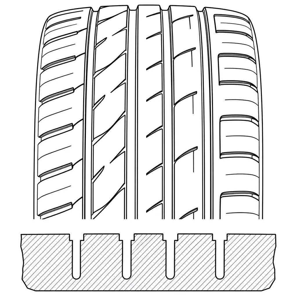 Schéma illustratif : Quatre rainures longitudinales continues séparant cinq bandes de gomme