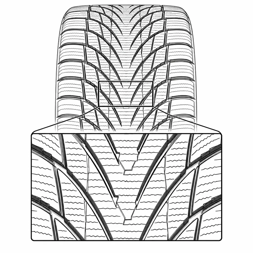 Schéma illustratif : Jonction centrale formée par les pointes des chevrons, sans nervure pleine