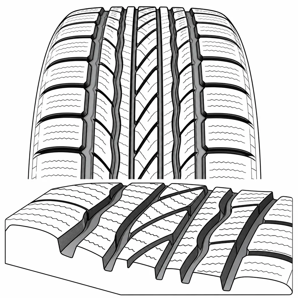 Schéma illustratif : Quatre rainures longitudinales sinueuses associées à des passages obliques
