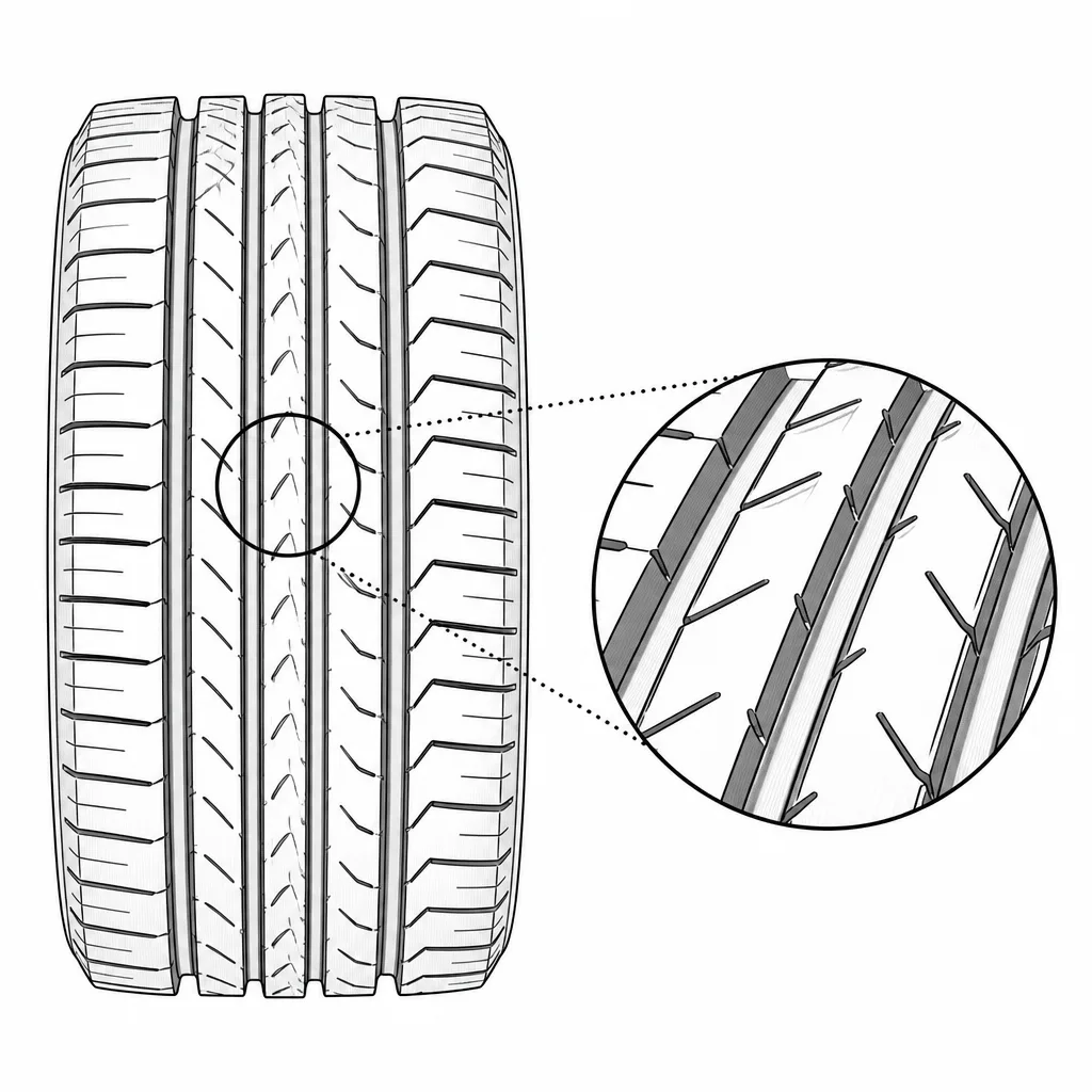 Schéma illustratif : Bandes centrales étroites conservant des ponts de gomme entre les entailles obliques