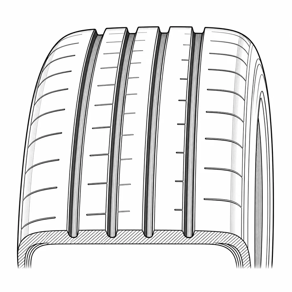 Schéma illustratif : Quatre rainures circonférentielles rectilignes séparant cinq bandes longitudinales