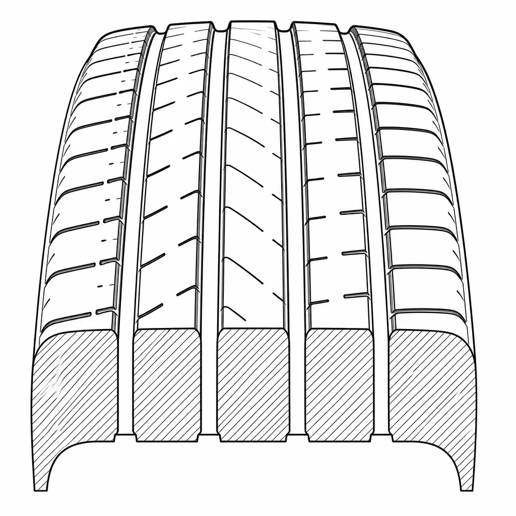 Schéma illustratif : Cinq pistes de gomme séparées par quatre rainures longitudinales droites