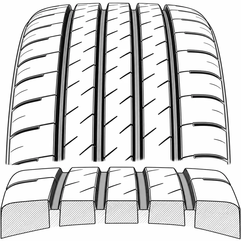 Schéma illustratif : Quatre rainures circonférentielles séparant cinq rangées longitudinales