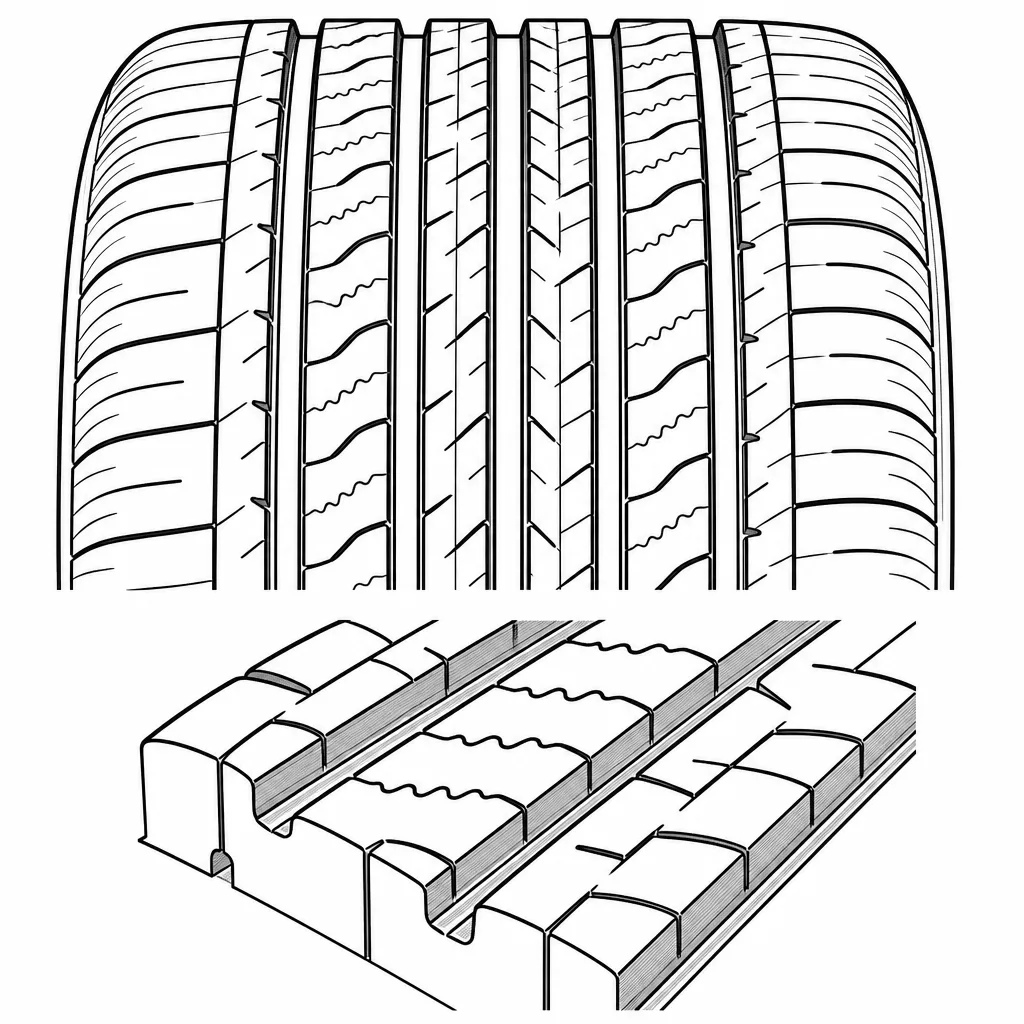 Schéma illustratif : Rainures intermédiaires ondulées et entailles obliques
