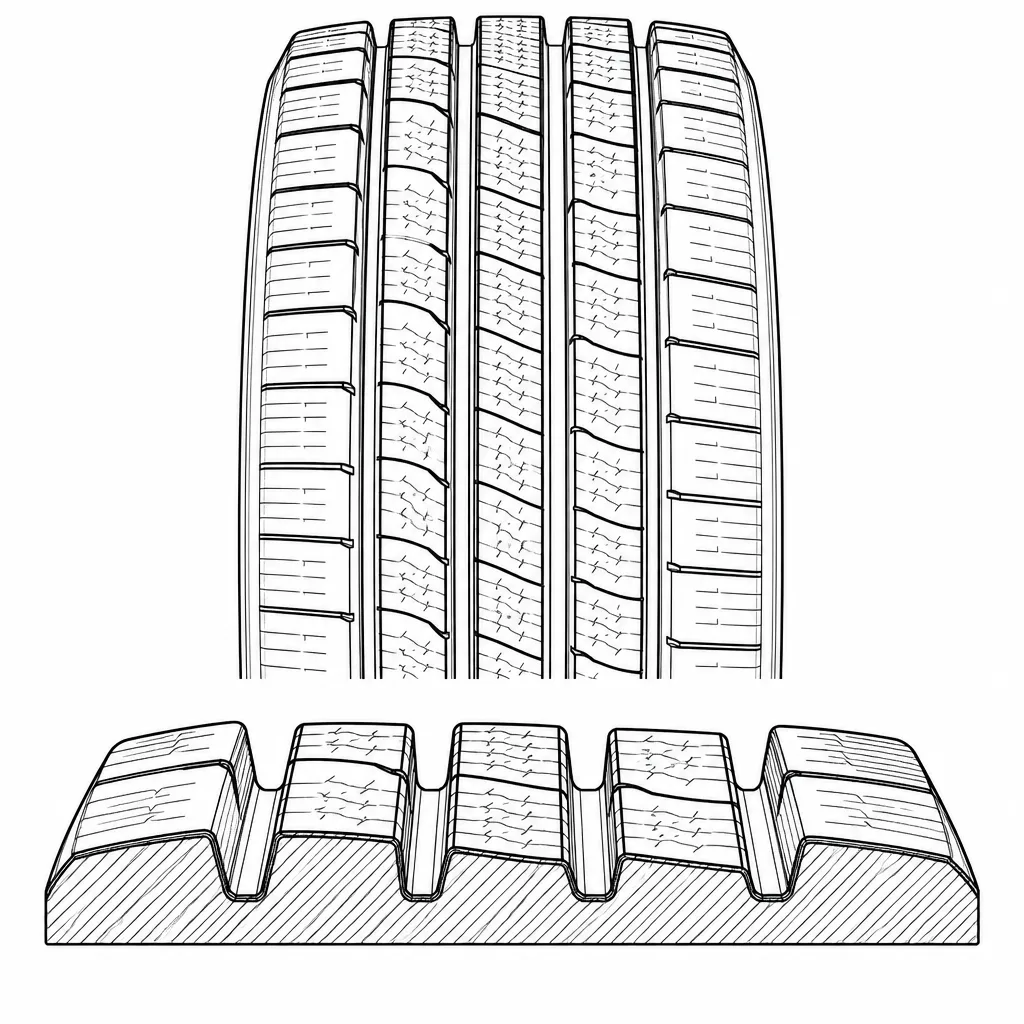 Schéma illustratif : Quatre rainures longitudinales séparant cinq files de gomme