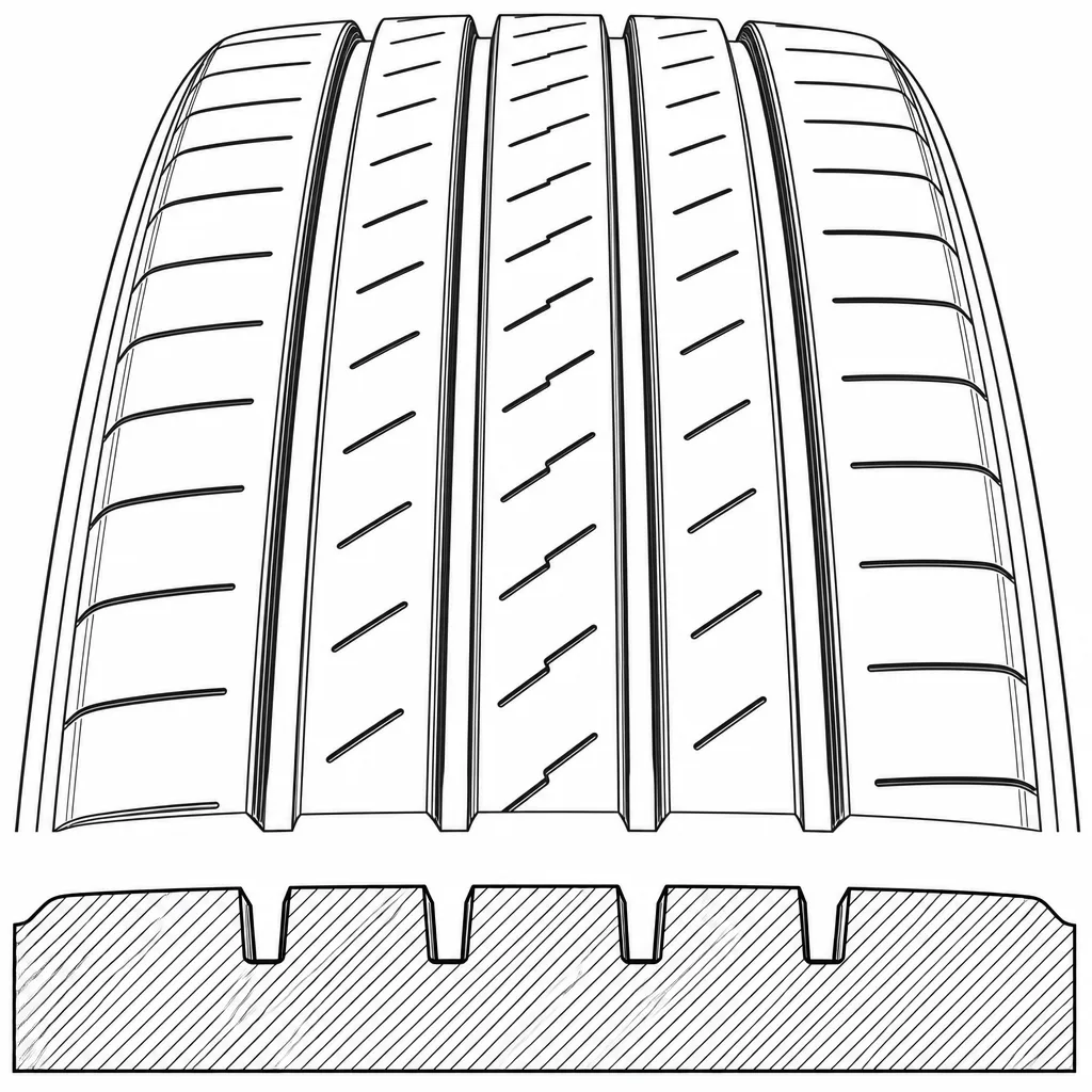 Schéma illustratif : Quatre rainures longitudinales séparant cinq zones de gomme relativement étroites