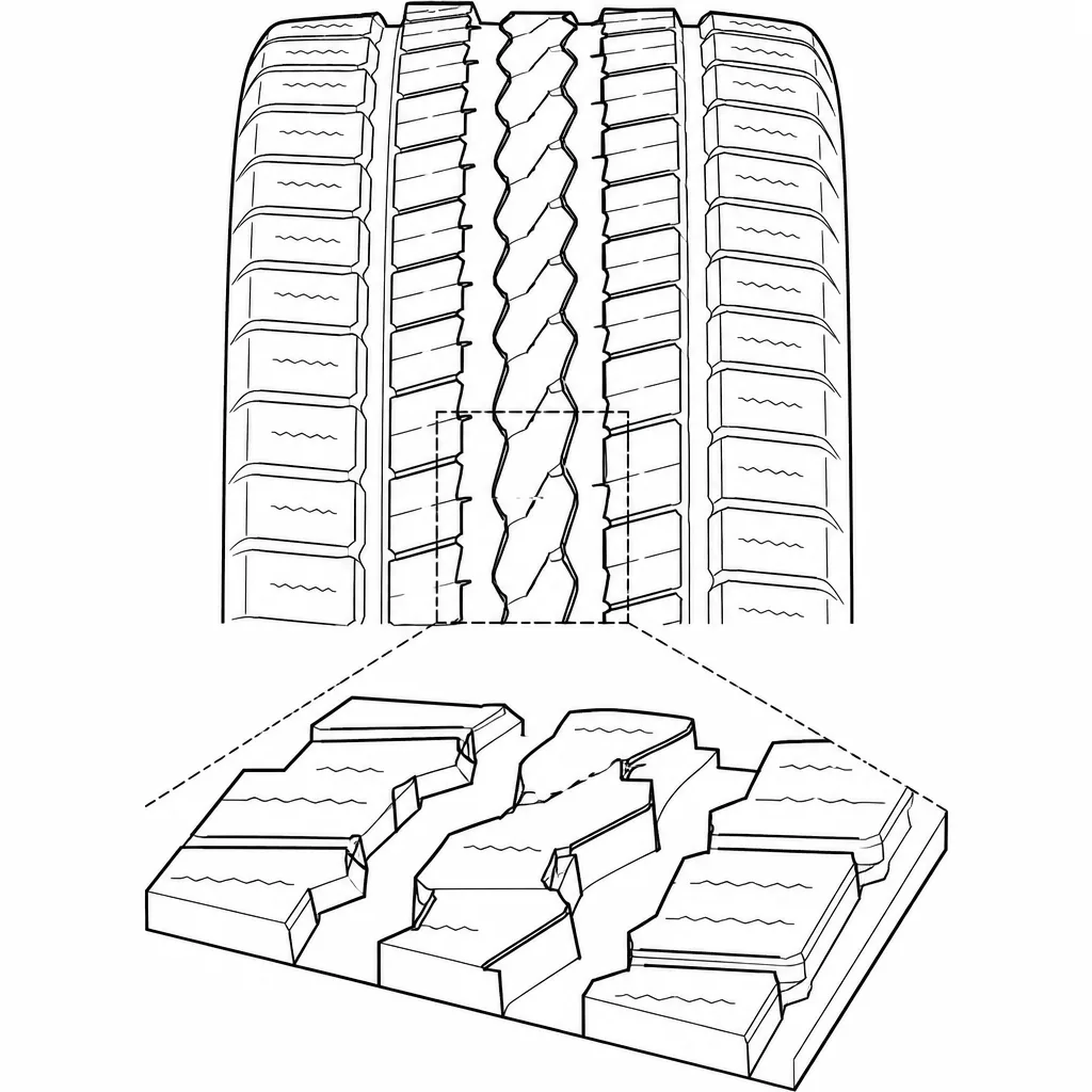 Schéma illustratif : Absence de pont de gomme axial continu entre les petits éléments centraux