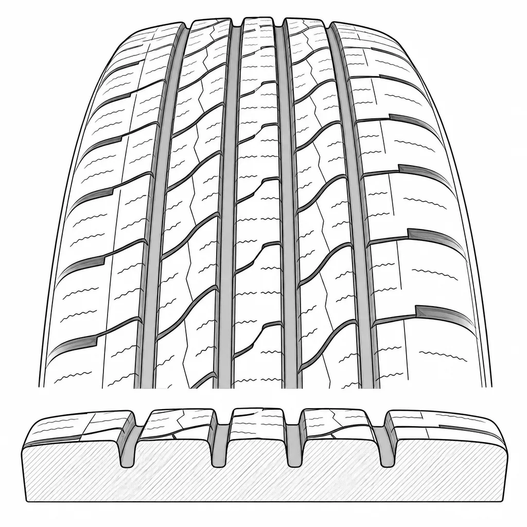 Schéma illustratif : Quatre séparations longitudinales entre les rangées de gomme