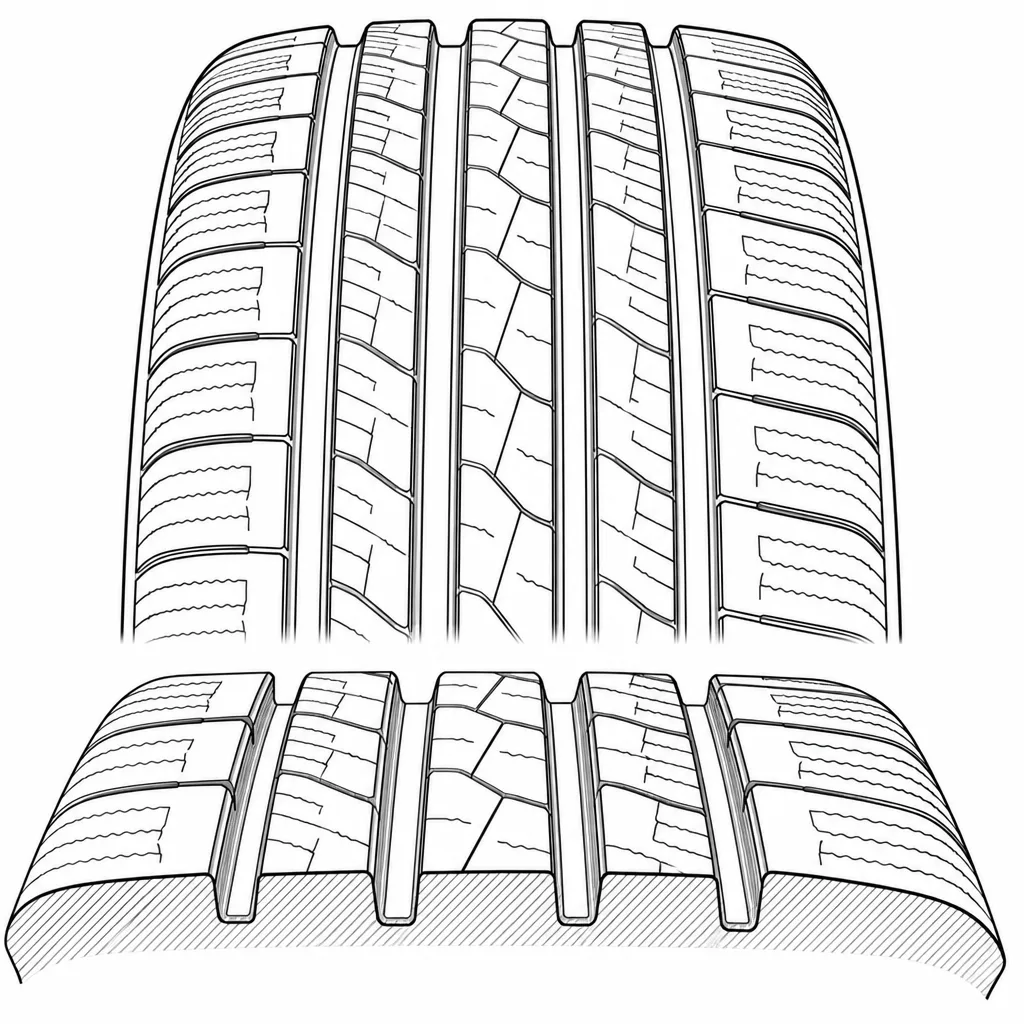Schéma illustratif : Quatre rainures circonférentielles séparant cinq bandes porteuses étroites