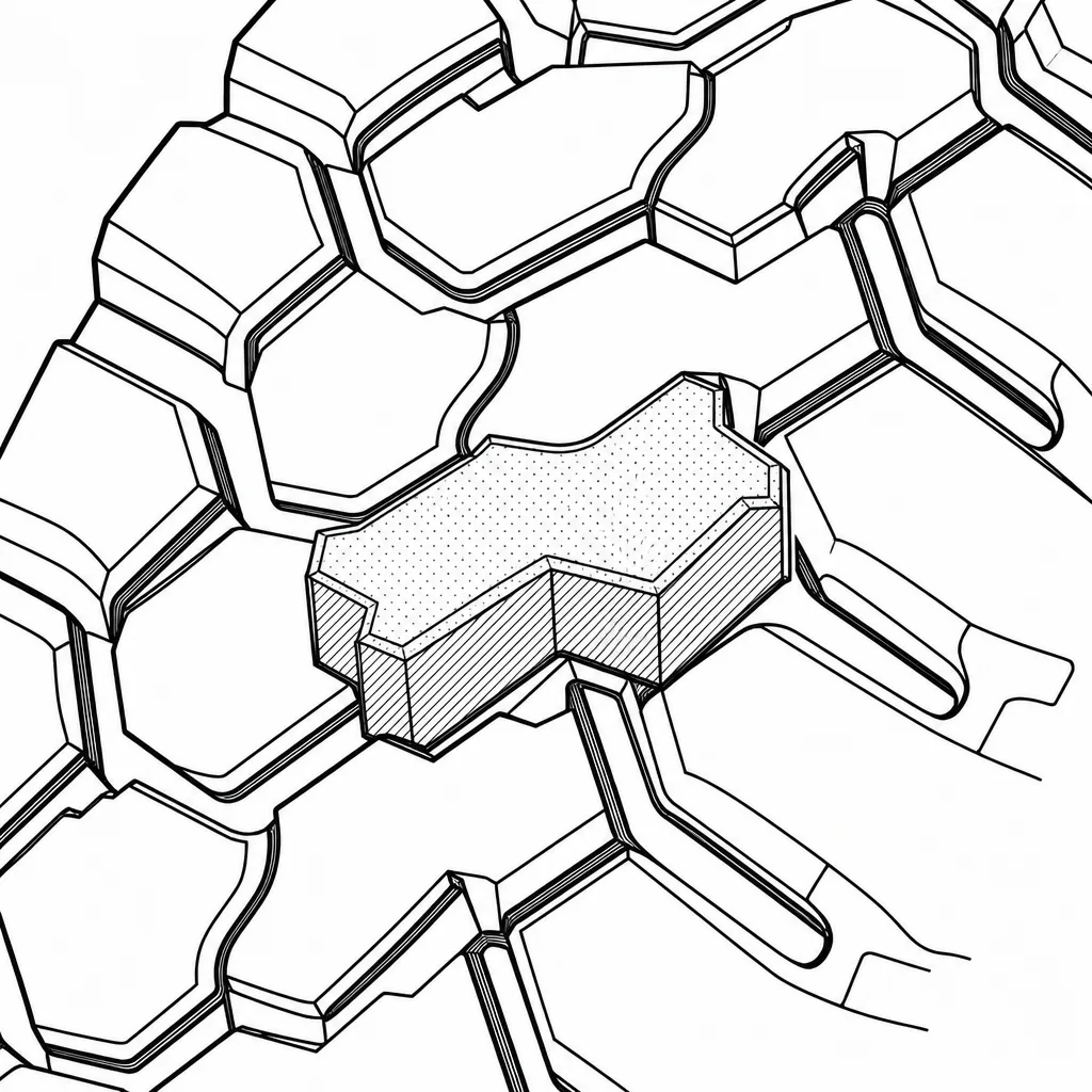 Schéma illustratif : Pavés polygonaux associant un cœur large à des extrémités anguleuses