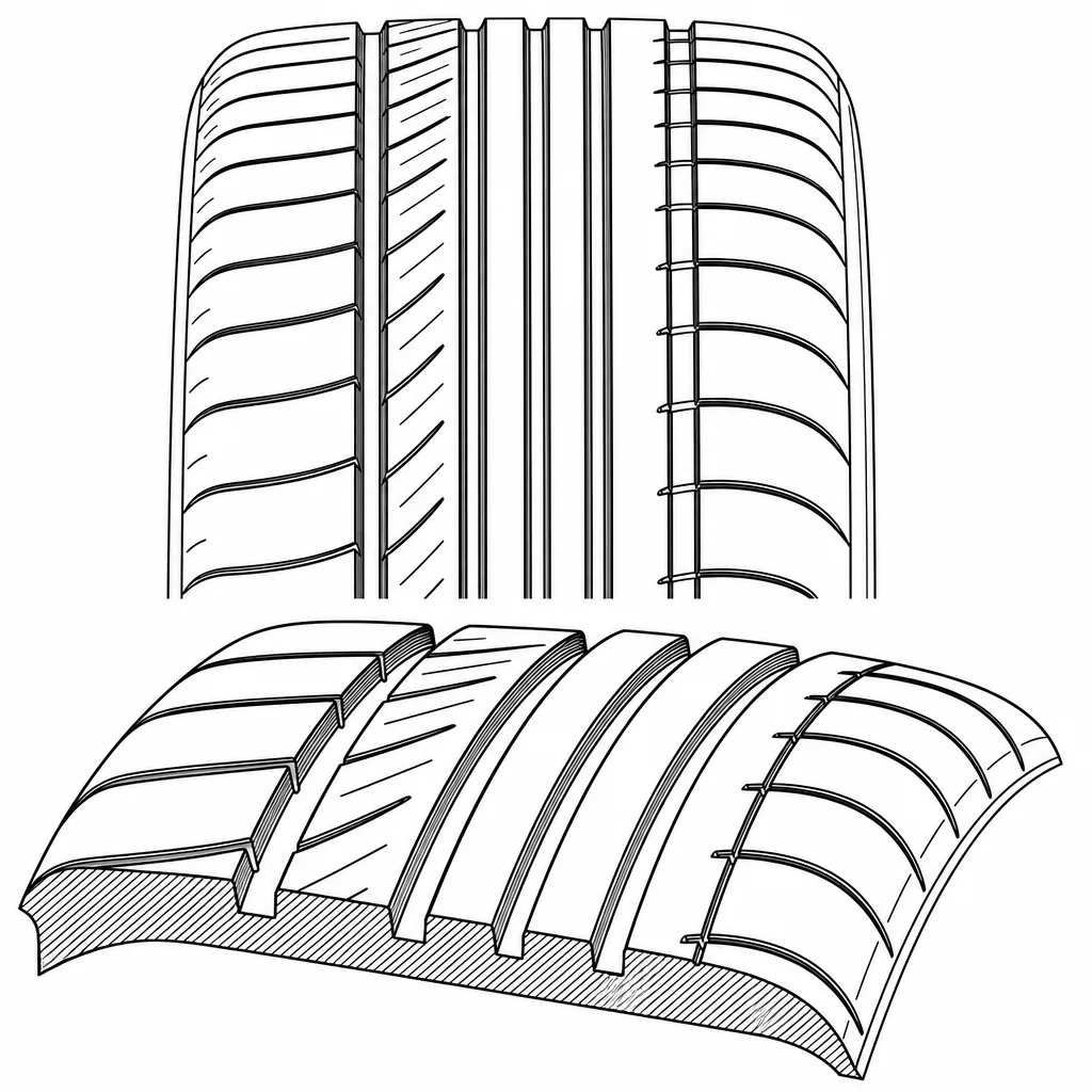 Schéma illustratif : Quatre rainures longitudinales étroites séparant plusieurs bandes continues