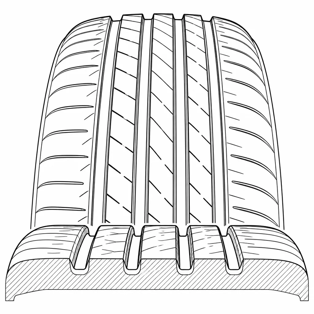 Schéma illustratif : Quatre rainures longitudinales séparant plusieurs bandes de gomme étroites
