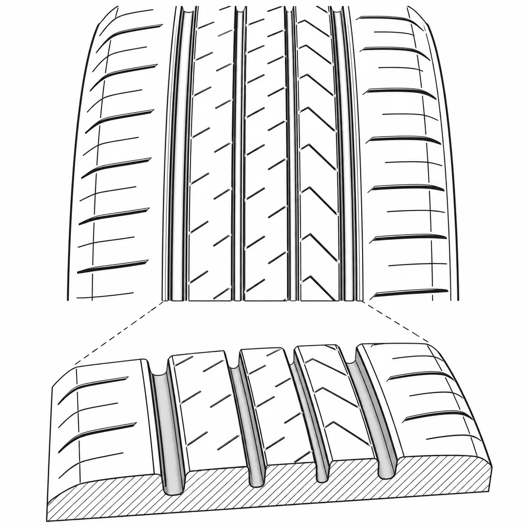 Schéma illustratif : Quatre rainures circonférentielles séparant cinq bandes porteuses