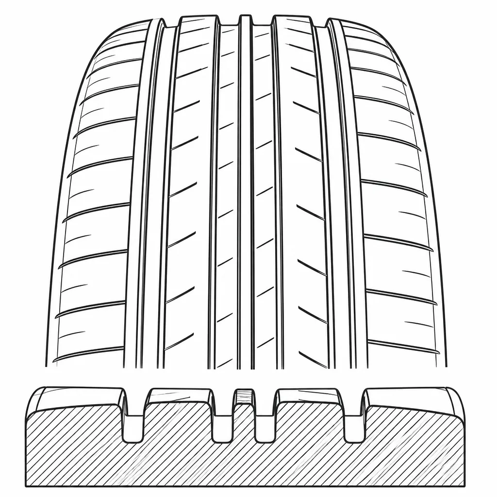 Schéma illustratif : Quatre rainures longitudinales partageant la couronne en cinq bandes de gomme