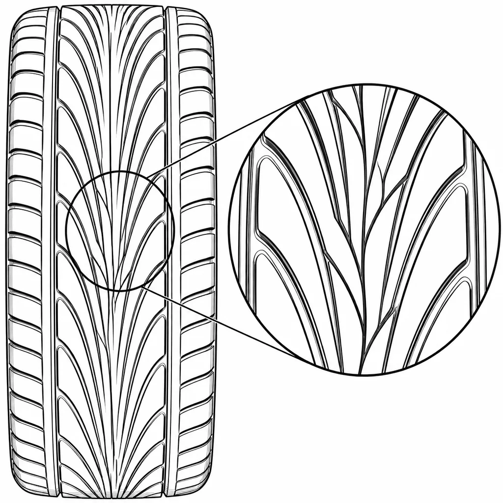 Schéma illustratif : Centre formé de chevrons incurvés imbriqués, sans nervure rectiligne