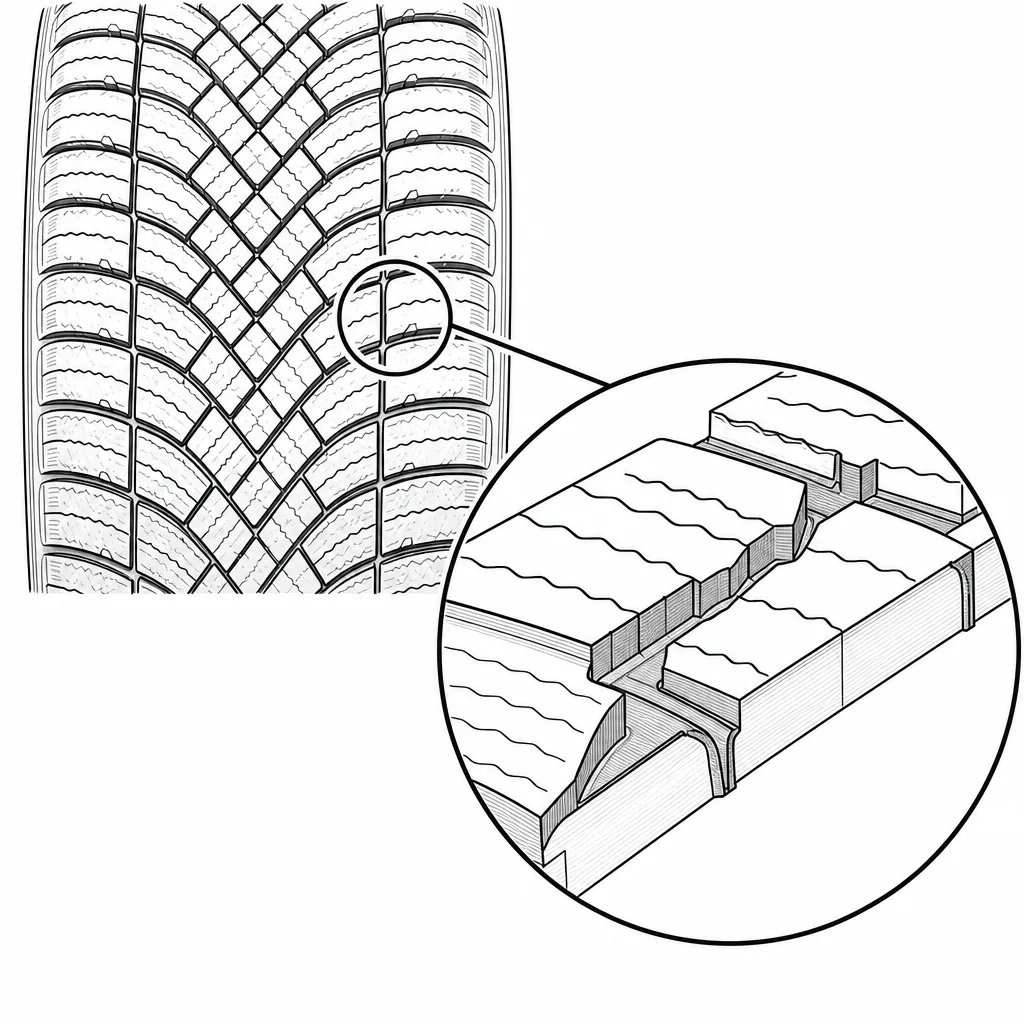 Schéma illustratif : Cols de gomme de largeur variable entre sillons sinueux et découpes obliques