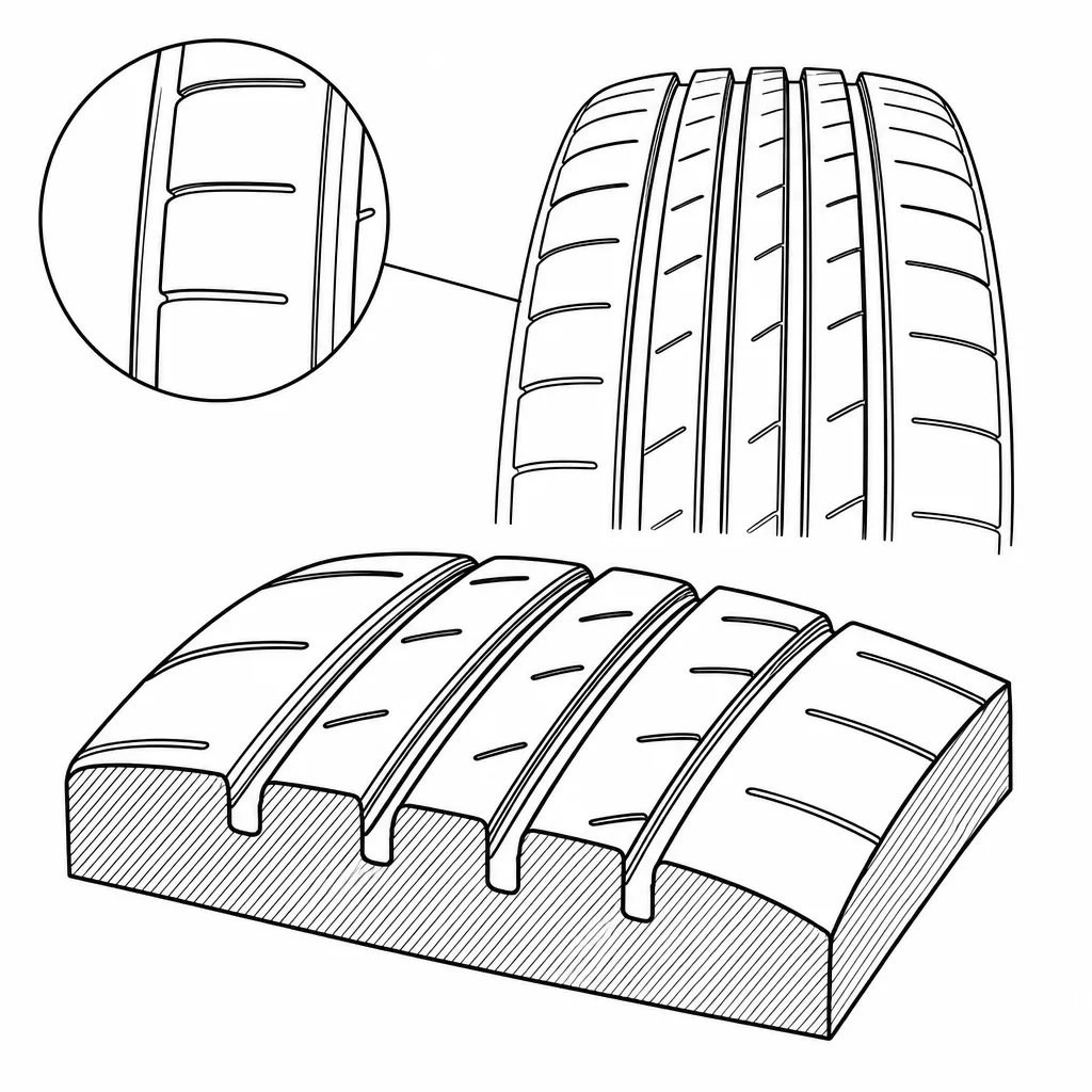 Schéma illustratif : Éléments de gomme peu subdivisés, sans réseau dense de lamelles fines