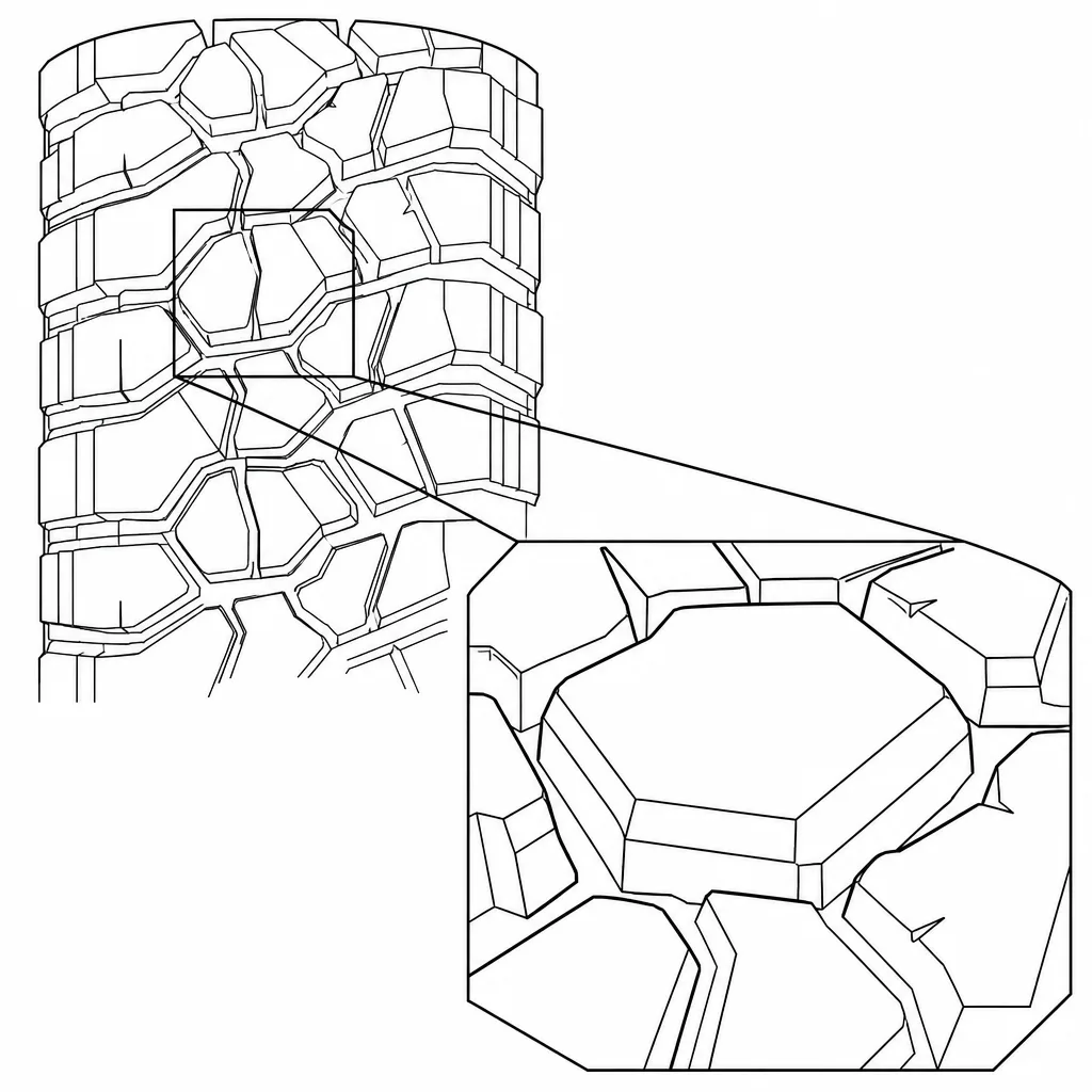 Schéma illustratif : Blocs polygonaux de grande section avec peu de fentes fines