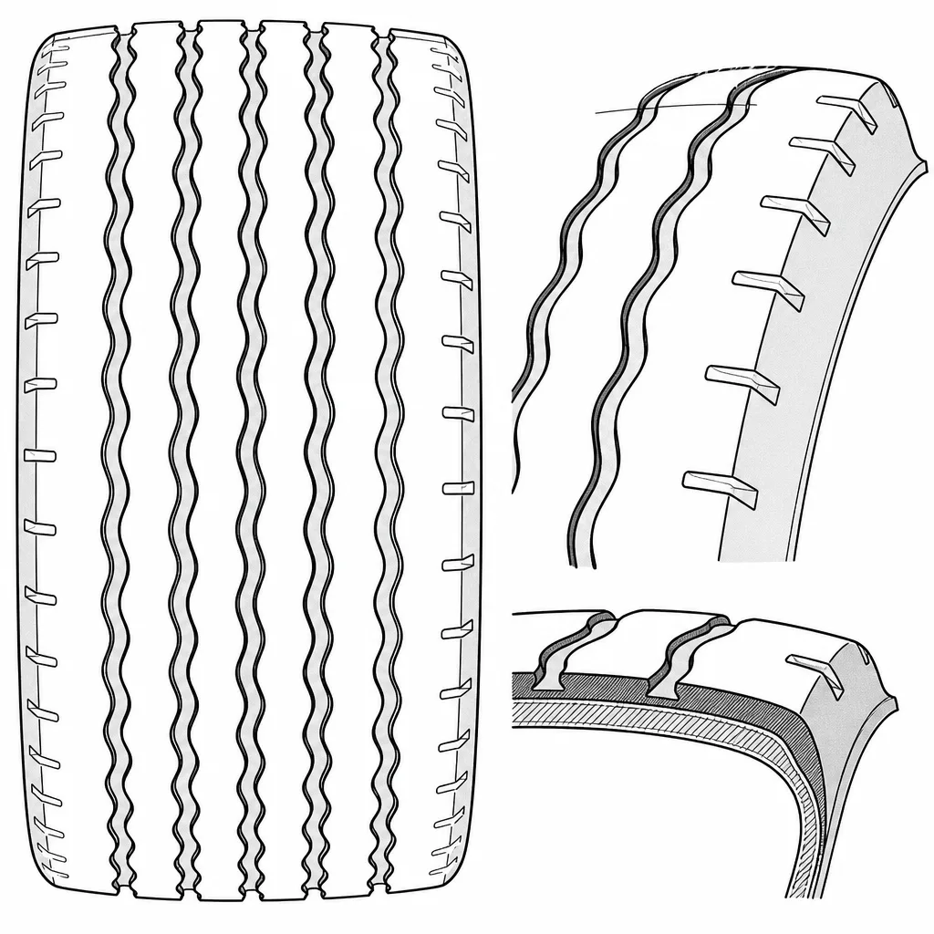 Schéma illustratif : Fort volume de gomme aux parties externes avec découpes périphériques courtes
