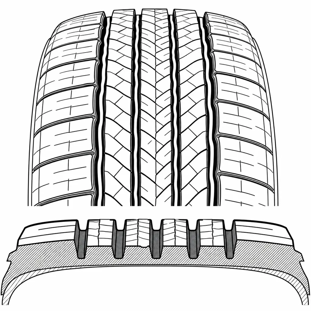 Schéma illustratif : Écart de volume de gomme entre la partie médiane très découpée et les épaules semi-continues