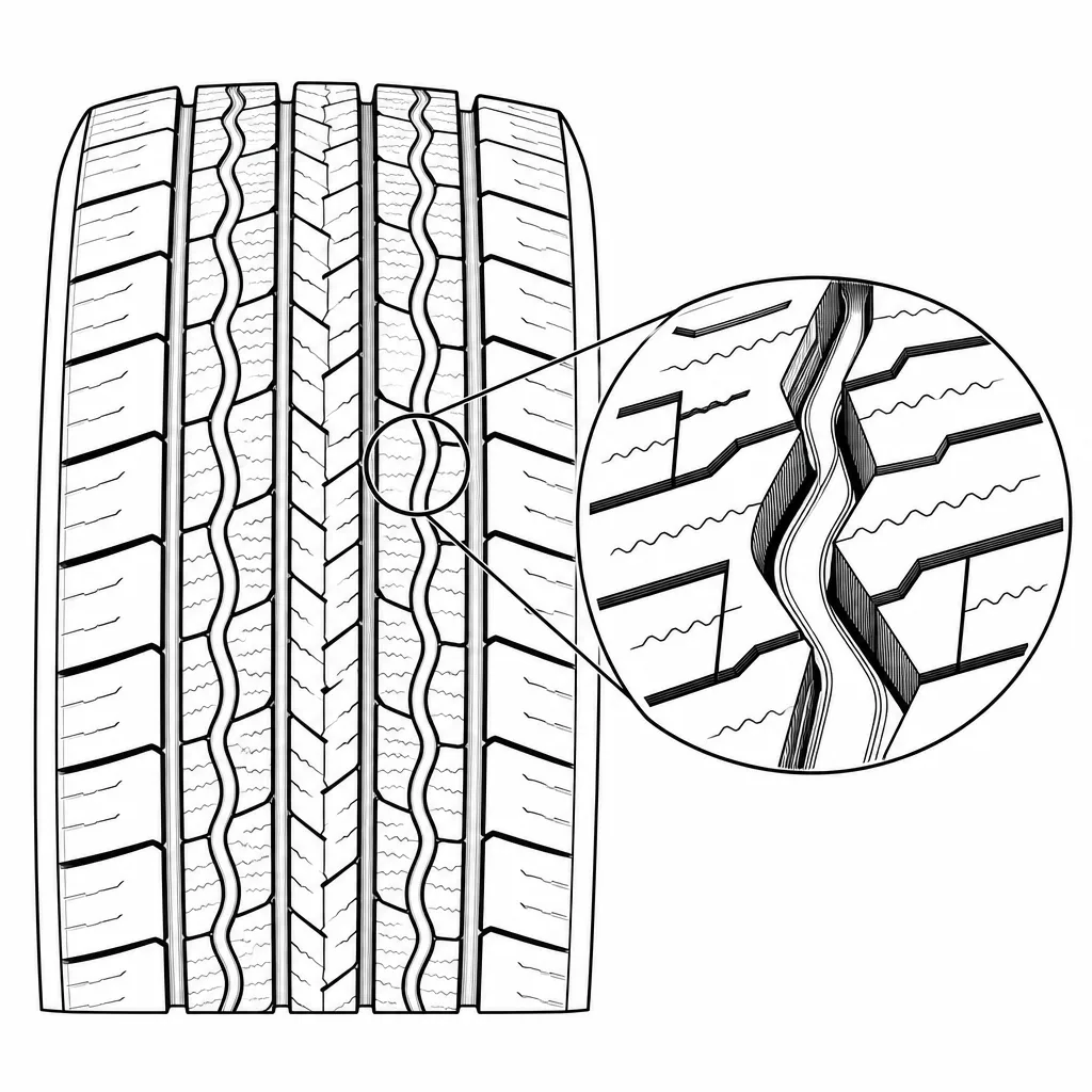 Schéma illustratif : Rainures intermédiaires sinueuses créant des largeurs de gomme variables