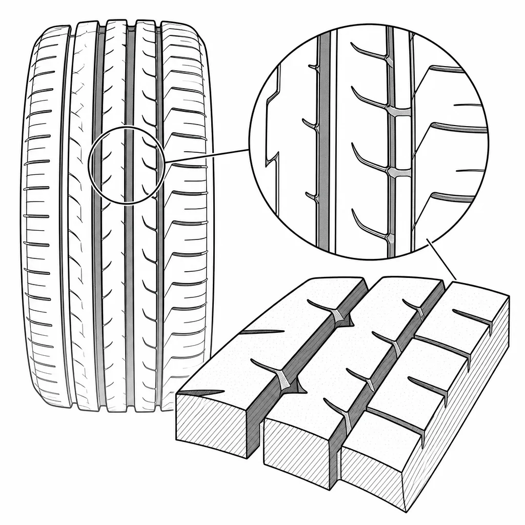 Schéma illustratif : Liaisons de gomme préservées derrière les entailles courtes des bandes internes