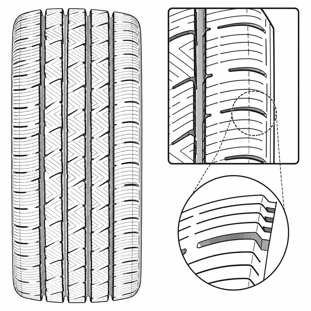 Schéma illustratif : Languettes de gomme étroites entre les lamelles des pavés d’épaule