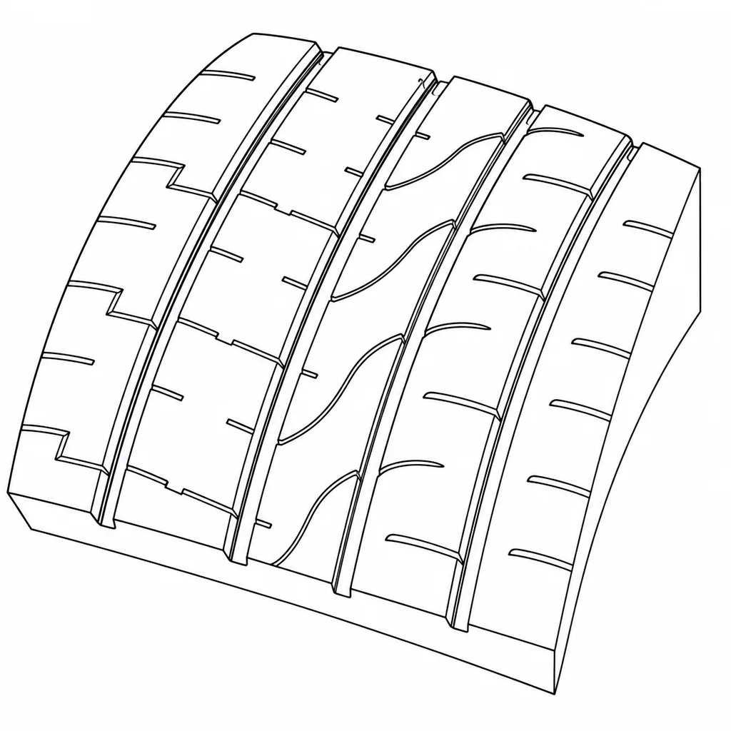 Schéma illustratif : Blocs intermédiaires larges découpés par des rainures obliques et courbes