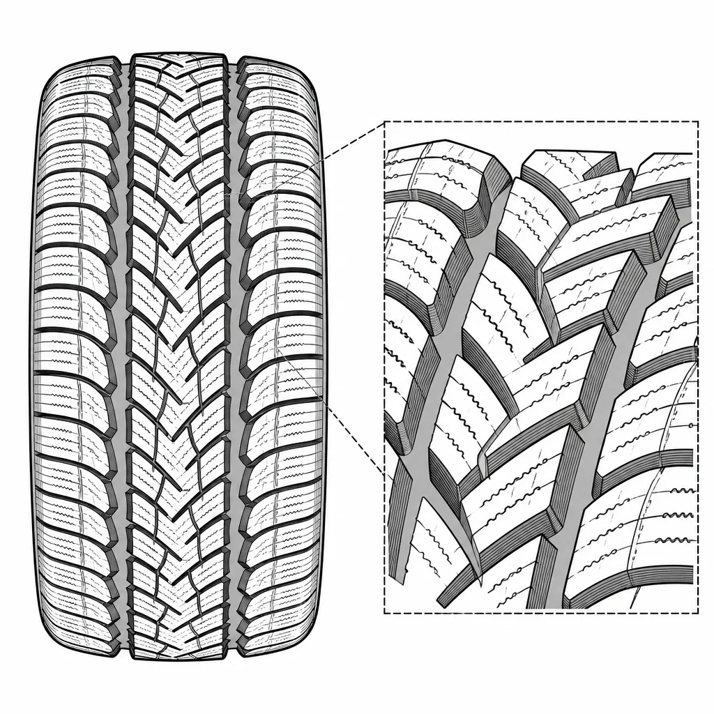 Schéma illustratif : Rapport creux-gomme élevé créé par les quatre rainures sinueuses et les nombreuses coupures obliques