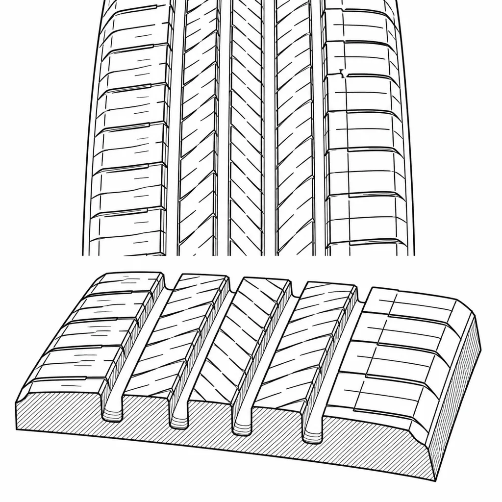 Schéma illustratif : Gradient de volume de gomme entre les rangées centrales étroites et les blocs d'épaule plus larges