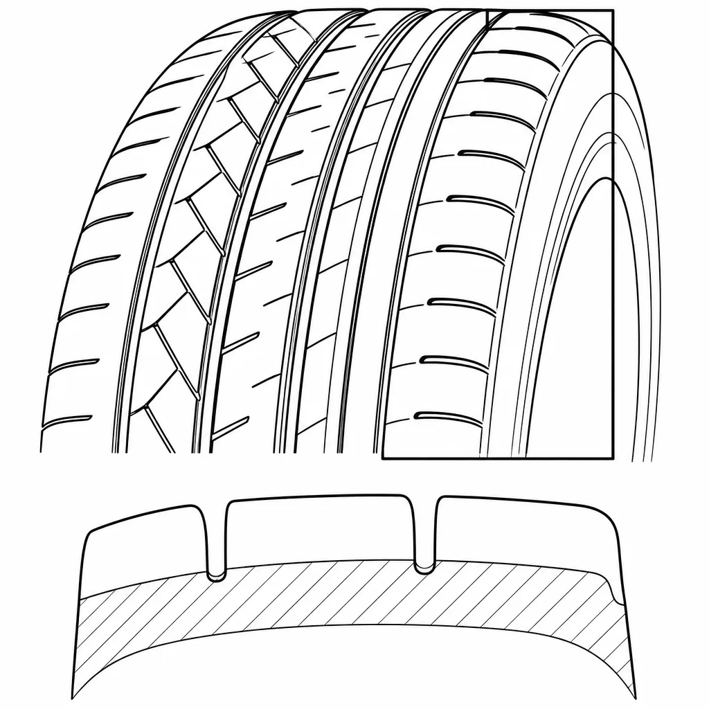 Schéma illustratif : Épaules semi-continues à pavés circonférentiels et encoches courtes