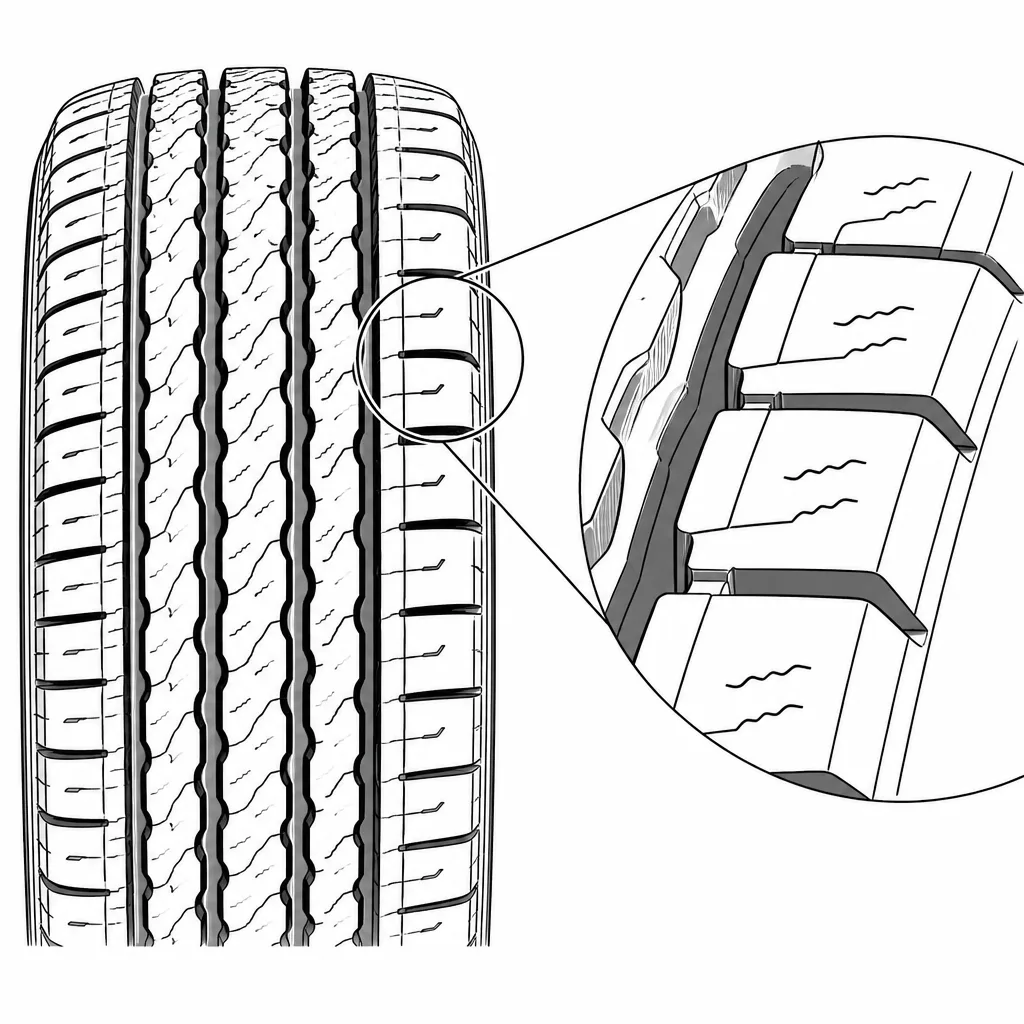 Schéma illustratif : Forte section de gomme des pavés périphériques interrompue par des encoches