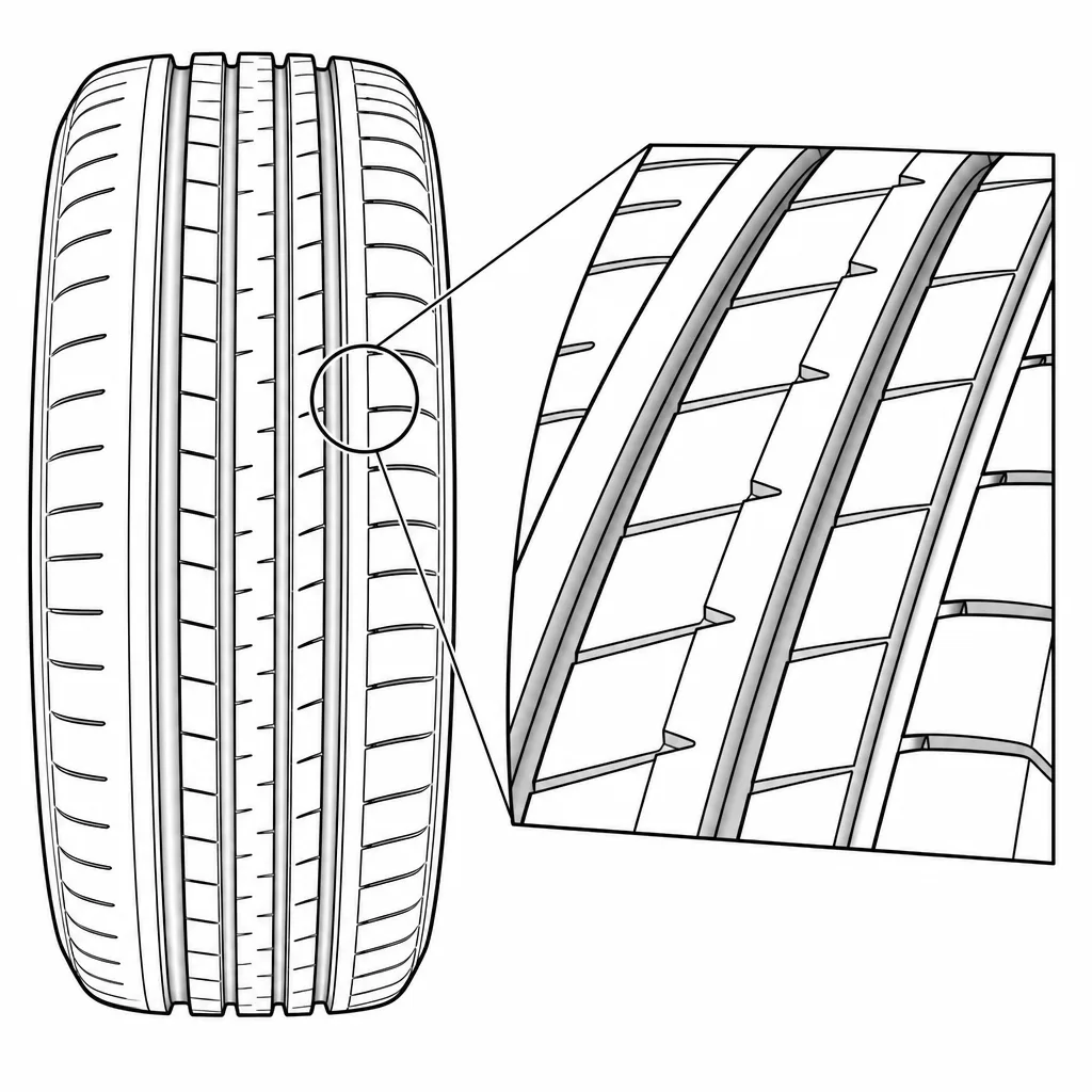Schéma illustratif : Sillons circonférentiels étroits séparant des bandes de gomme rapprochées