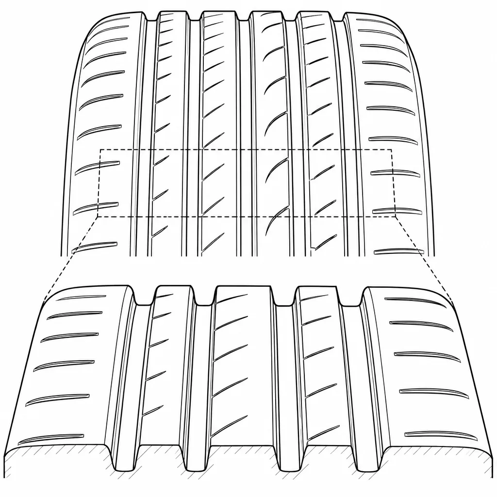 Schéma illustratif : Quatre rainures longitudinales séparant nettement les lignes de gomme