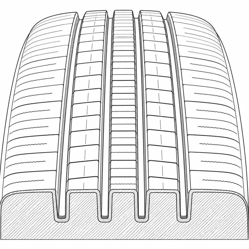 Schéma illustratif : Quatre rainures longitudinales séparant des bandes de gomme étroites