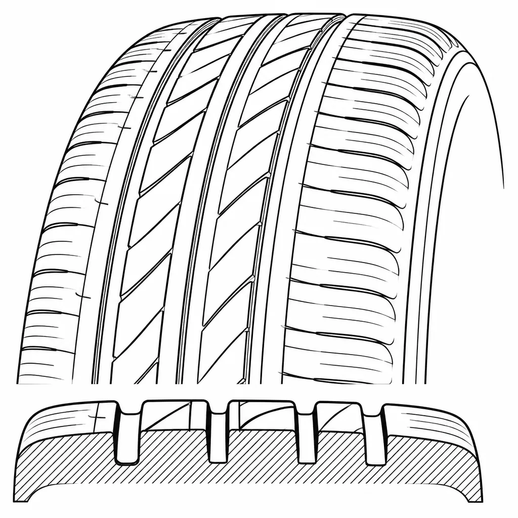 Schéma illustratif : Quatre sillons circonférentiels séparant des rangées de gomme relativement étroites